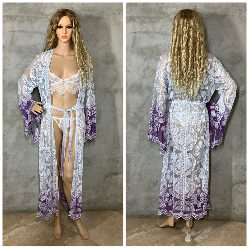 🌸 KIMONO ROBE CARDIGAN BELL SLEEVE OMBRE LOUNGE DUSTER MAXI LONG LACE FLARE - Picture 8 of 13